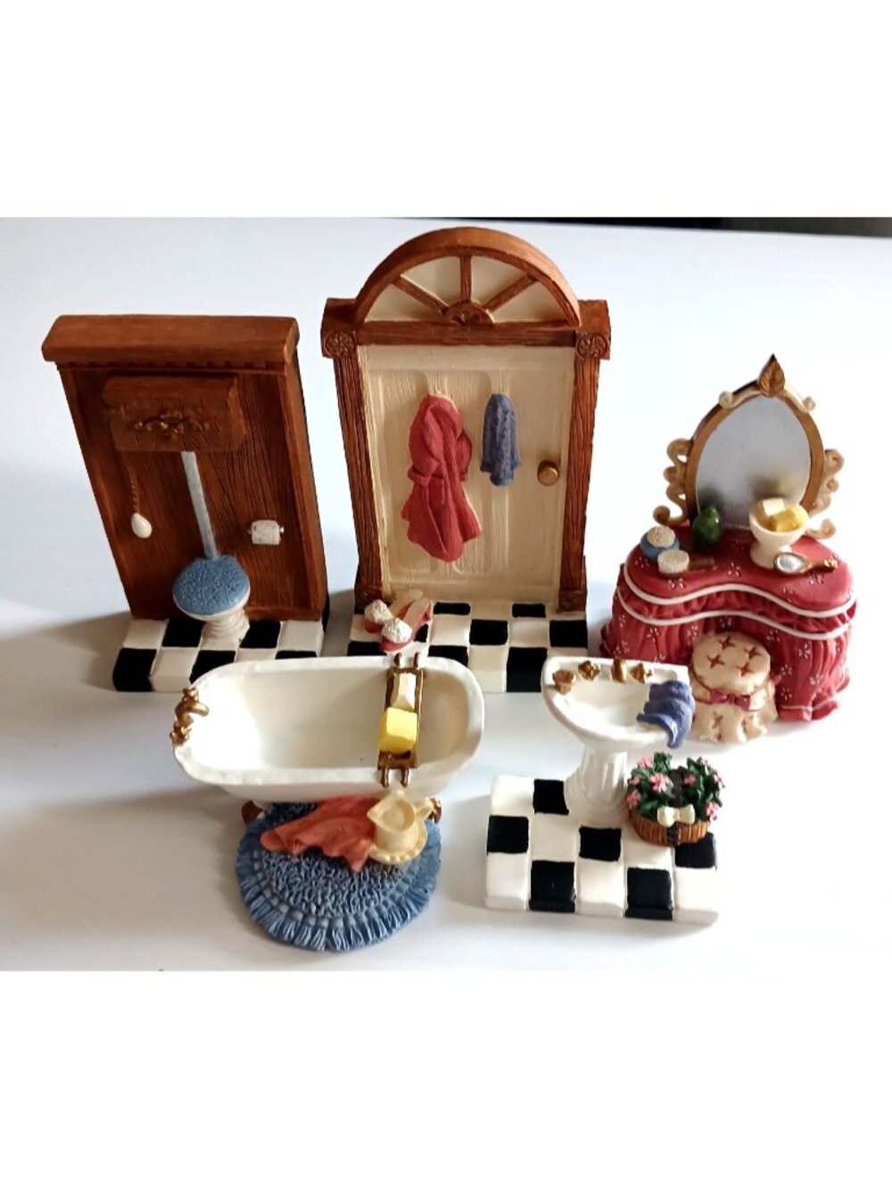 Doll House Miniature Bath Set 5 Pieces Tub Pedestal Sink Toilet Door Vanity